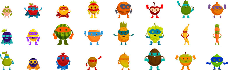 Superhero fruit icons set. Funny and colorful cartoon superhero fruits and vegetables posing confidently, promoting healthy eating habits for kids © nsit0108