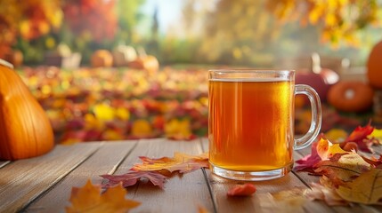 Cozy Autumn Vibes: Enjoying Warm Cider in a Cafe Surrounded by Pumpkin Patch and Fallen Leaves