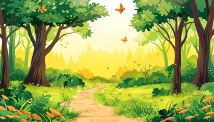 A winding path through a lush forest with tall trees, green grass, and orange butterflies in the air.