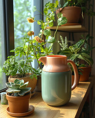 A stylish indoor setup with a pastel watering can and thriving houseplants in a minimalist space.