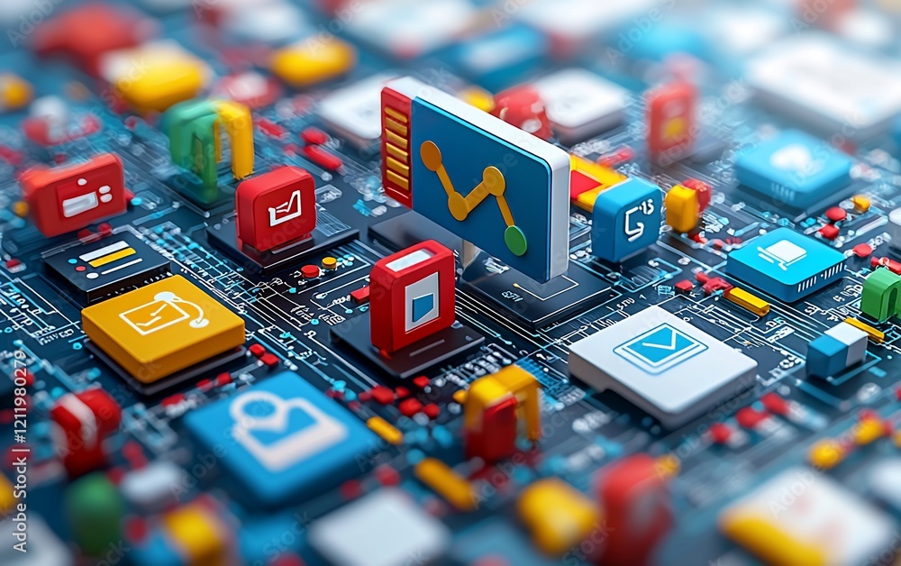Poster colorful app icons on a circuit board, representing digital technology and data analysis.