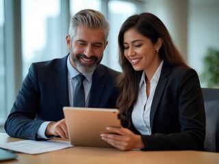 Fototapeta premium Team of diverse partners mature Latin business man and European business woman discussing project on tablet sitting at table in office.