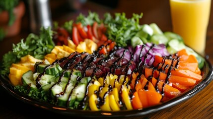 Colorful Fresh Vegetable Platter with Balsamic Drizzle on Wood Table