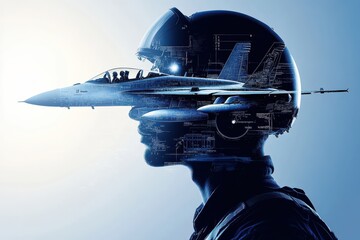 Obraz premium Dynamic Fusion of Pilot Silhouette and Jet Aircraft Instruments in Deep Navy and Silver Hues, Showcasing Aviation Expertise and Technology Integration