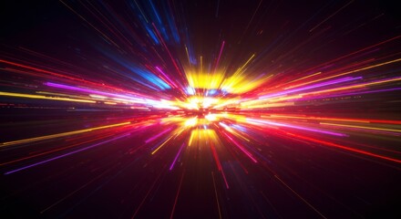 Cosmic Burst of Color: A mesmerizing burst of vibrant colors, radiating outward like shooting stars against a dark background. Perfect for abstract backgrounds, motion graphics.