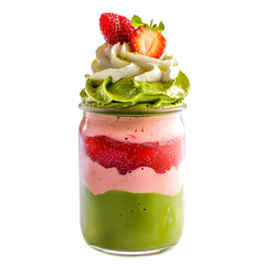 Layered dessert in a jar with strawberry, matcha, and whipped cream. Delicious and visually appealing treat!