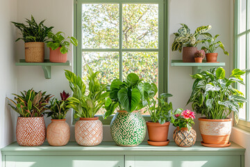 A bright and lively windowsill filled with air-purifying plants, such as spider plants, peace lilies, and snake plants, placed in stylish pots. The plants absorb pollutants while enhancing the home en
