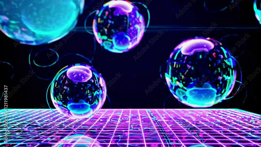 Aufkleber Colorful bubbles floating in a vibrant digital space display beautiful reflections at a tech exhibition