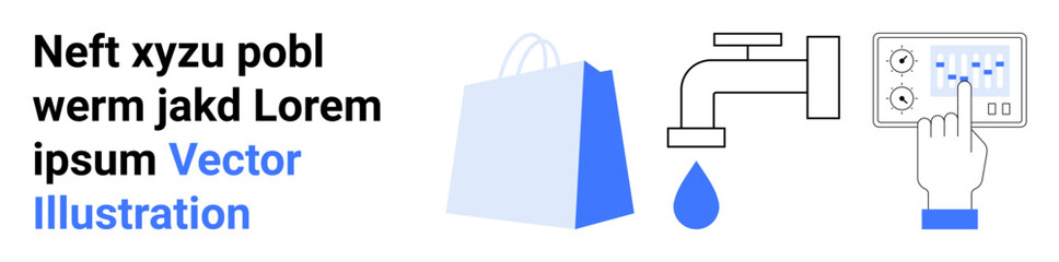 Shopping bag representing e-commerce, water faucet symbolizing water conservation, and a hand interacting with a smart home control panel. Ideal for online shopping, environmental awareness, smart