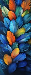 Colorful feathers closeup, vibrant hues, dark background, digital art, phone wallpaper
