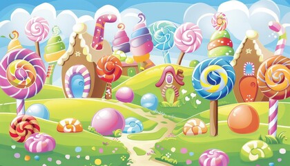 A whimsical landscape with candy houses, lollipops, and gumdrop hills.