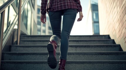 A woman descending a staircase, possibly in a domestic or professional setting