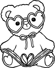Retro Valentine Bookish Teddy Bear Reading Love Book coloring image
