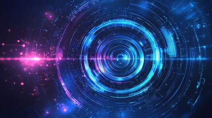 Obraz premium Vibrant Abstract Digital Background with Circular Patterns and Glowing Lights in Blue and Purple, Representing Technology and Innovation Themes for Modern Designs