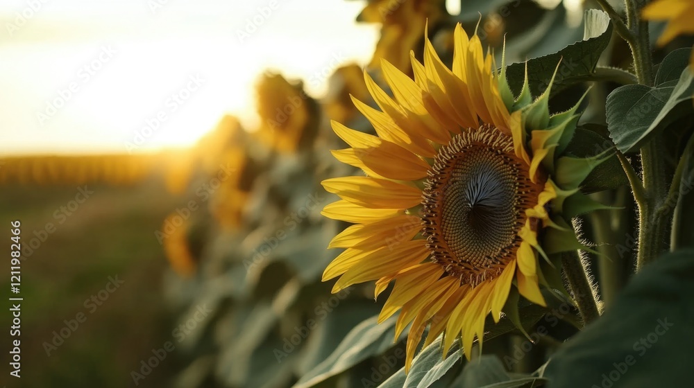 Poster a field of sunflowers with the sun setting behind them