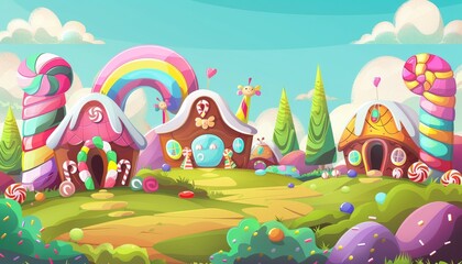 Obraz premium A whimsical cartoon landscape with candy-themed houses, a rainbow arch, and a path leading through the scene.