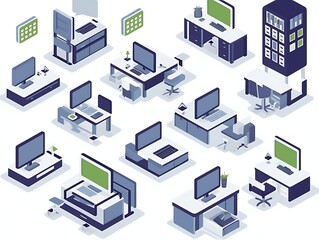 Isometric illustration of various office desks and workstations.