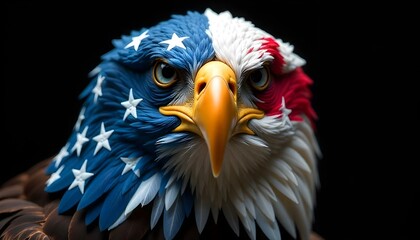 Fototapeta premium American bald eagle with vibrant feathers, yellow beak, and striking blue eyes painted with the American flag