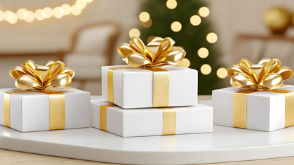 Festive Gold-Bowed Gifts on Table, Christmas Lights Background, Holiday Celebration