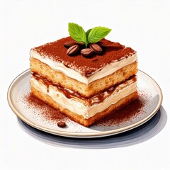 tiramisu cake on a plate in a a watercolor digital painting.