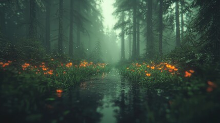 Magical forest stream, glowing flowers, misty path, fantasy background, game asset