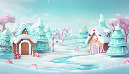 A whimsical winter wonderland with gingerbread houses, candy canes, and a frozen stream, perfect for a festive holiday design.