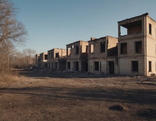 Abandoned, dilapidated buildings under a bright blue sky