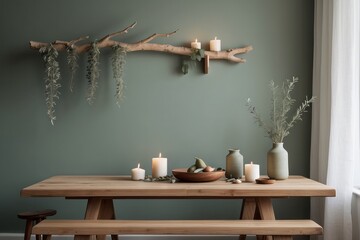 dining room space with wooden table, Sage green concrete raw wall, white curtain, bench, stylish