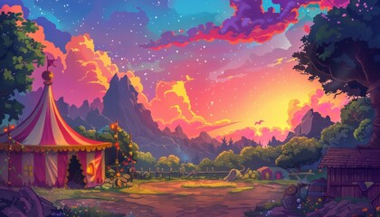 A whimsical circus tent sits in a clearing surrounded by lush forest, rolling hills, and a vibrant sunset sky.