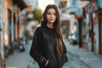 Fototapeta premium Young woman in black hoodie on bustling city street. Neural network AI generated