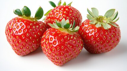 Four ripe strawberries on white background, healthy food