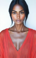 A confident woman with smooth brown skin and long black hair gazes directly at the viewer. She wears a deep red garment that accentuates her graceful neckline and features