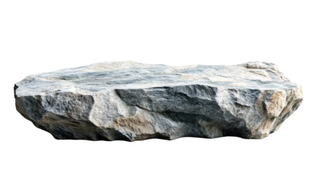 Natural gray stone boulder resting on a white background under soft, diffused lighting
