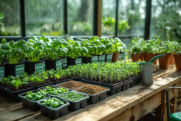 Seed packets arranged on a wooden table inside a bright greenhouse, with young plants in the background and gardening tools at the ready.