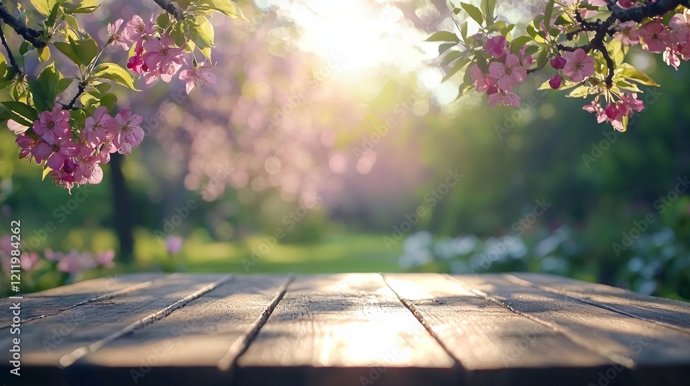 Poster a rustic wooden table rests under blossoming branches, illuminated by warm sunlight filtering throug