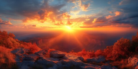 Fiery sunset over autumnal mountain landscape.
