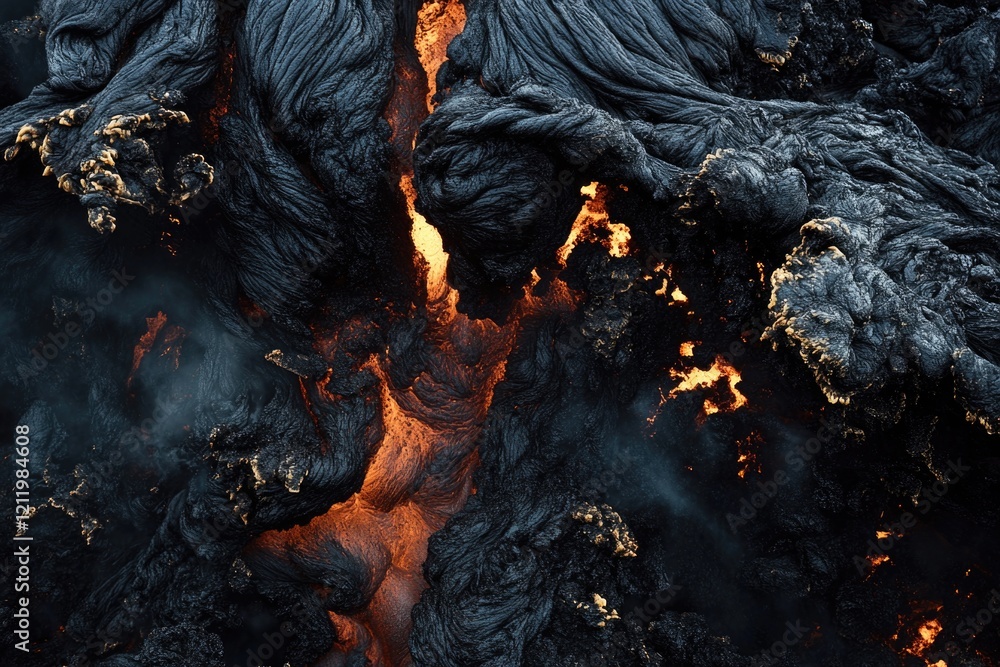 Poster a tree engulfed by flowing lava, with details of the trunk and branches visible
