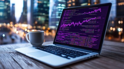 laptop displaying colorful data visualizations sits on a wooden table, with a coffee cup nearby. backdrop features a vibrant city skyline at dusk, illuminated by city lights
