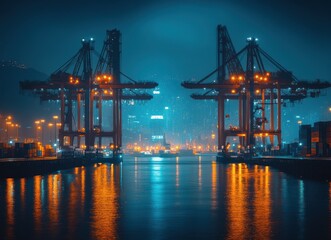 Obraz premium Nighttime View of Industrial Harbor with Cranes Reflecting on Water, Illuminated by City Lights, Capturing Urban Atmosphere and Industrial Aesthetics in a Dramatic Setting