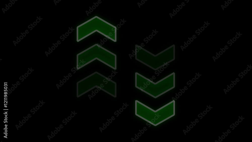 Poster glowing neon set of glowing arrows. up down rendering. glowing pointers on black background. 4k anim