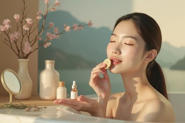 woman takes care of her skin in the bathroom