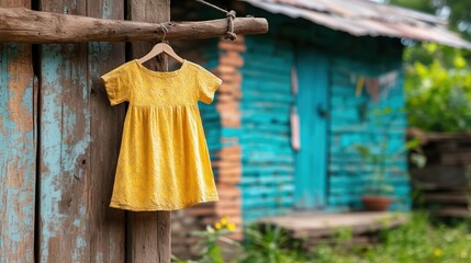 bright yellow dress is displayed on a wooden hanger, set against the backdrop of a cheerful blue cottage surrounded by greenery in a peaceful rural area