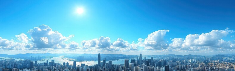 Fototapeta premium Panoramic View of a Vibrant Urban Skyline Under a Bright Blue Sky with Fluffy Clouds and Reflections Over Water during Daytime in an Expansive Cityscape