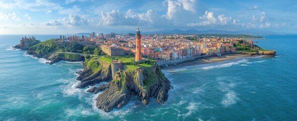 Fototapeta premium Panoramic View of Coastal Town with Lighthouse, Rocky Shoreline, and Vibrant Buildings Under Cloudy Sky in a Beautiful Daylight Setting