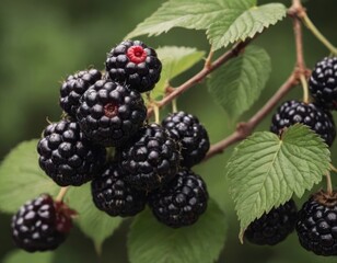 A cluster of sweet blackberries featuring a vibrant red center