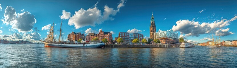 Naklejka premium Panoramic View of Historic Waterfront with Sailing Ship, Iconic Architecture, Bright Blue Sky, Fluffy Clouds, and Reflections on Calm Water in Urban Cityscape
