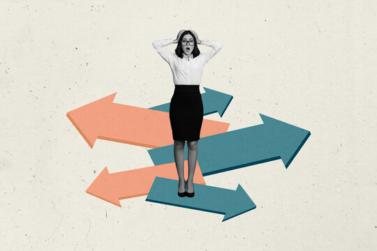 Banner art 3d creative image collage of shocked businesswoman hold head arrow pointer variant multiply option success development