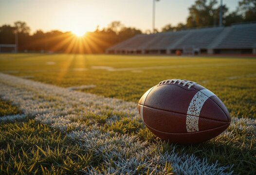 American football on the field at sunset Golden hour light illuminates the grass and empty stadium - Powered by Adobe