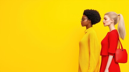 Fototapeta premium Two women with distinct hairstyles and outfits stand in profile against a vibrant yellow backdrop, highlighting contemporary fashion and diverse styles in an urban setting