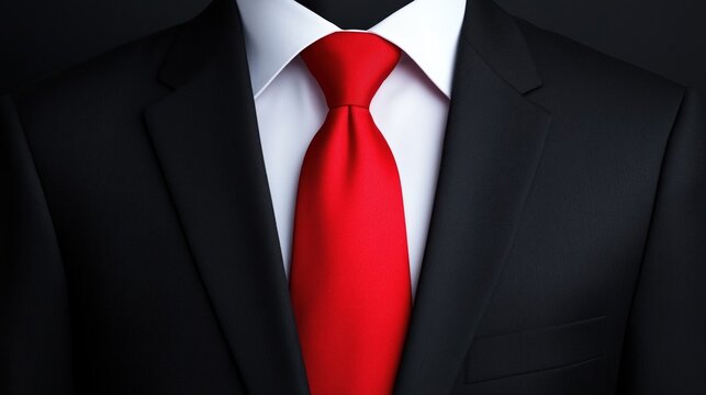 stylish black suit is showcased on a mannequin, featuring a vibrant red tie and a crisp white shirt. background is dark, highlighting the elegance of the outfit
